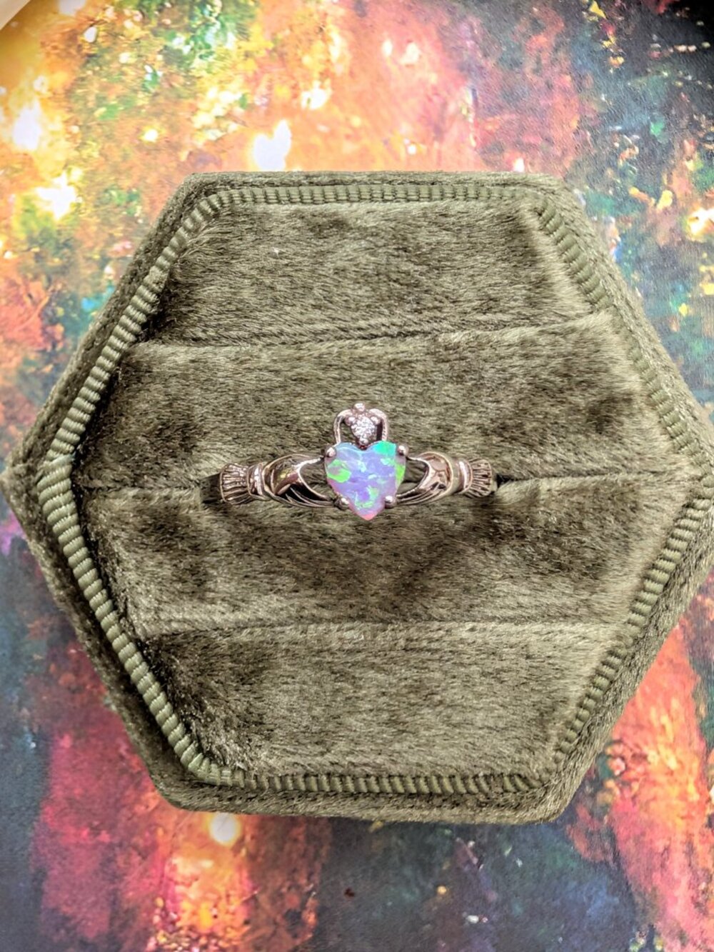 Vintage Claddagh opal and sterling silver ring, size 11.5